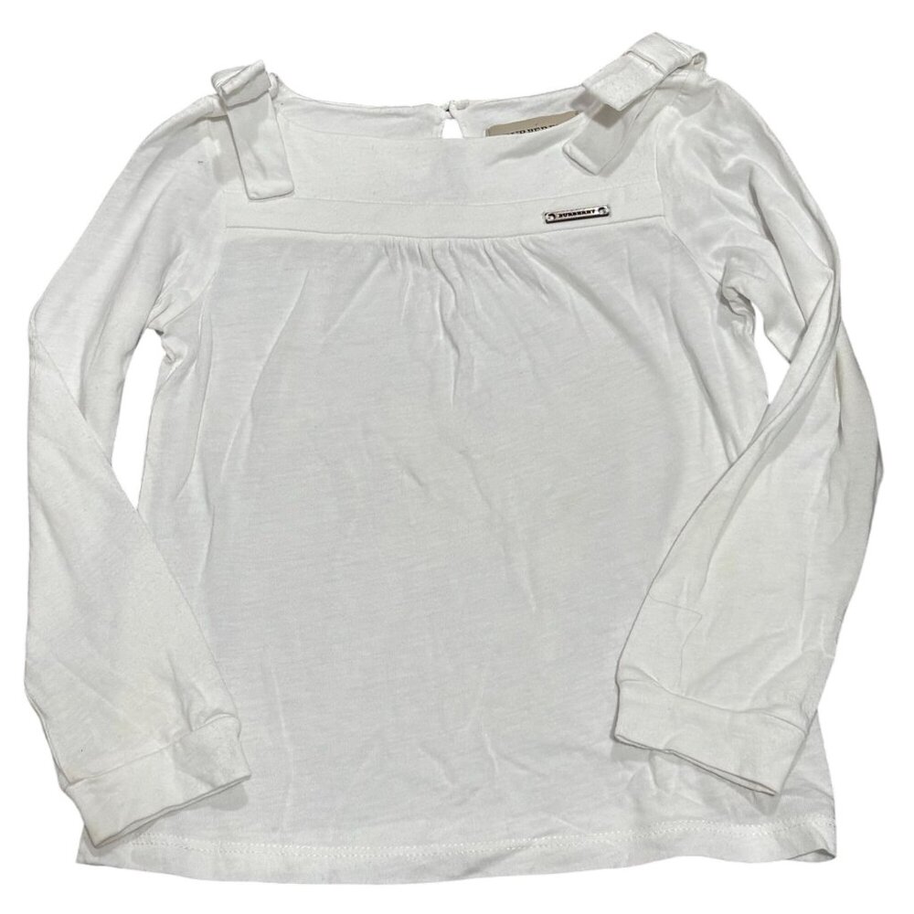 Burberry Girls White Long Sleeve Cotton Top With Bow Shoulder Detail Size 4/102c